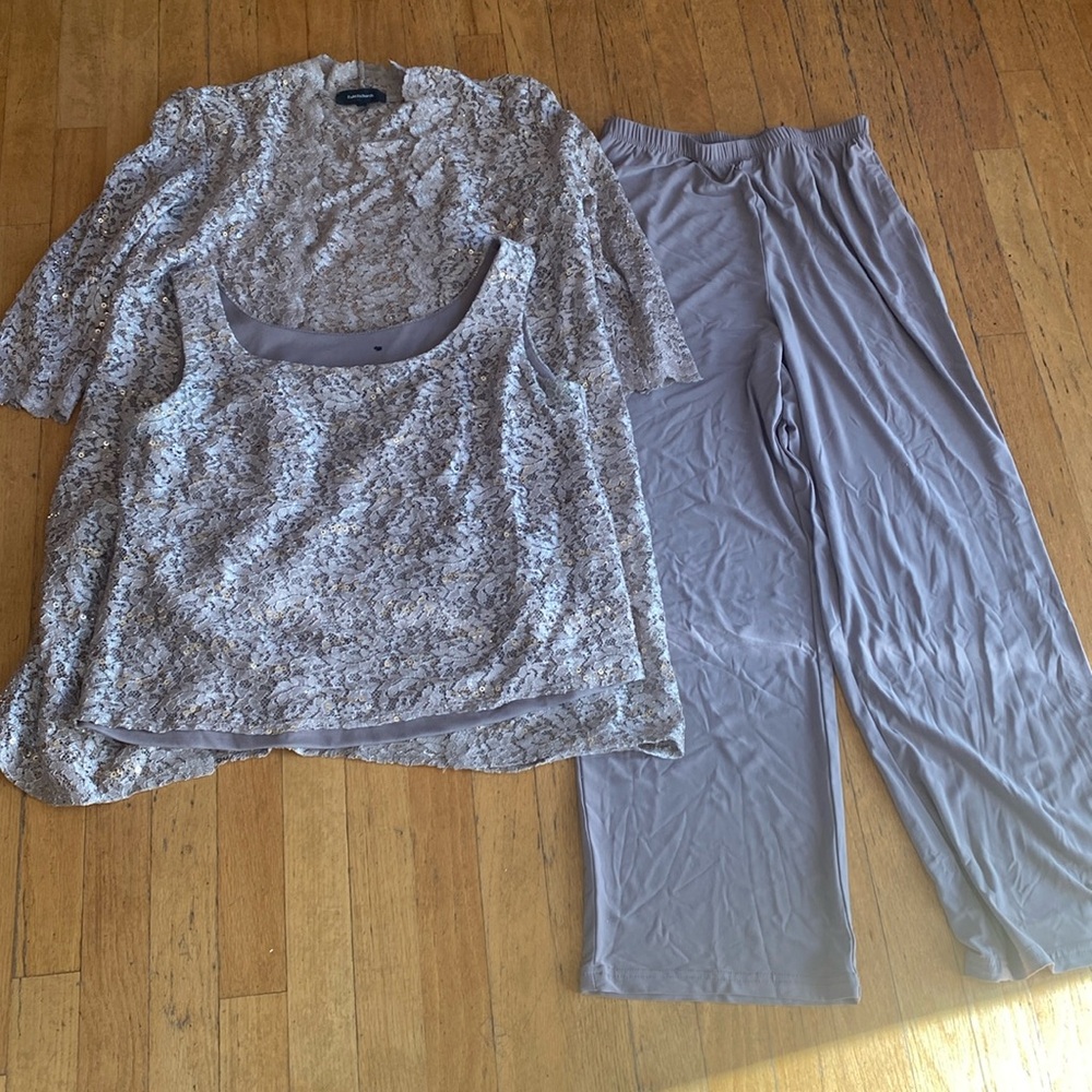 3 piece dressy pantsuit-taupe color, top w goldish shimmer